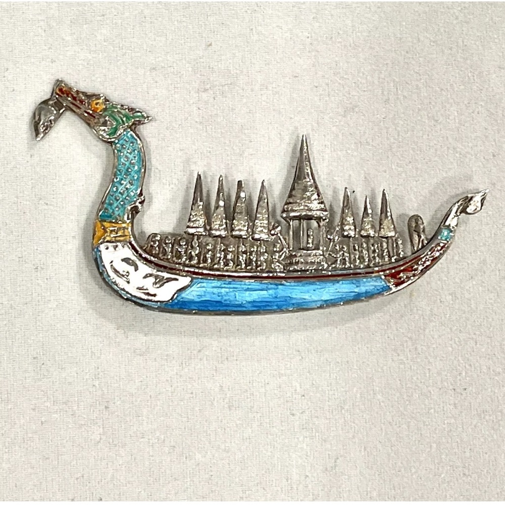 Vintage SIAM Sterling Silver Enamel Dragon Boat Pin/Brooch